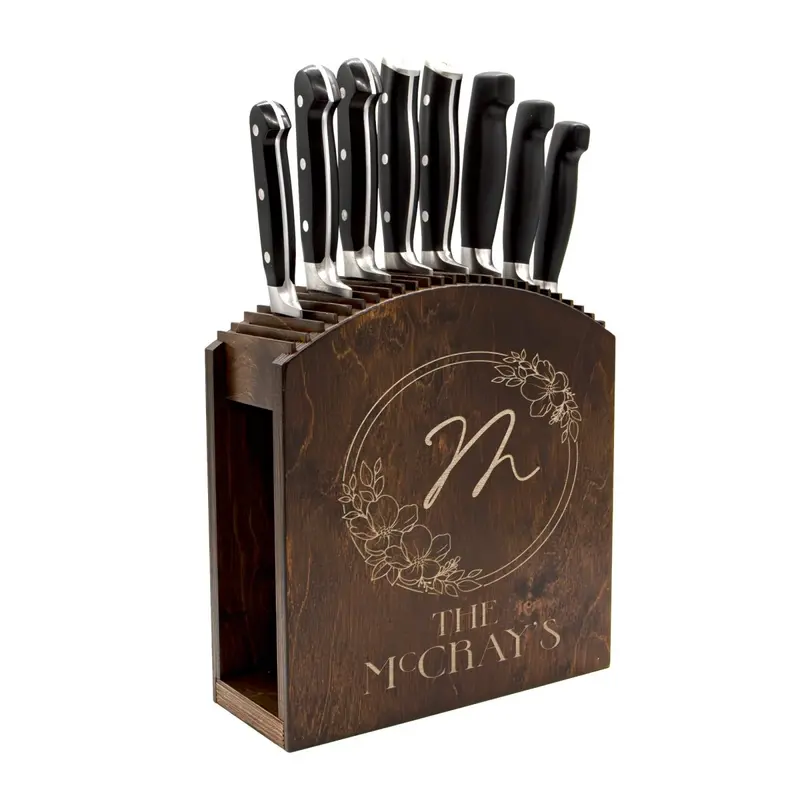 Laser-Engraved Dark Walnut Knife Block – Personalized Floral Monogram (USA)