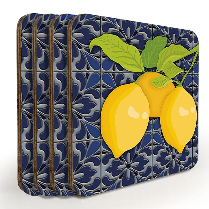 Lemon-Print Wooden Coasters – Set of 4 with Matching Caddy