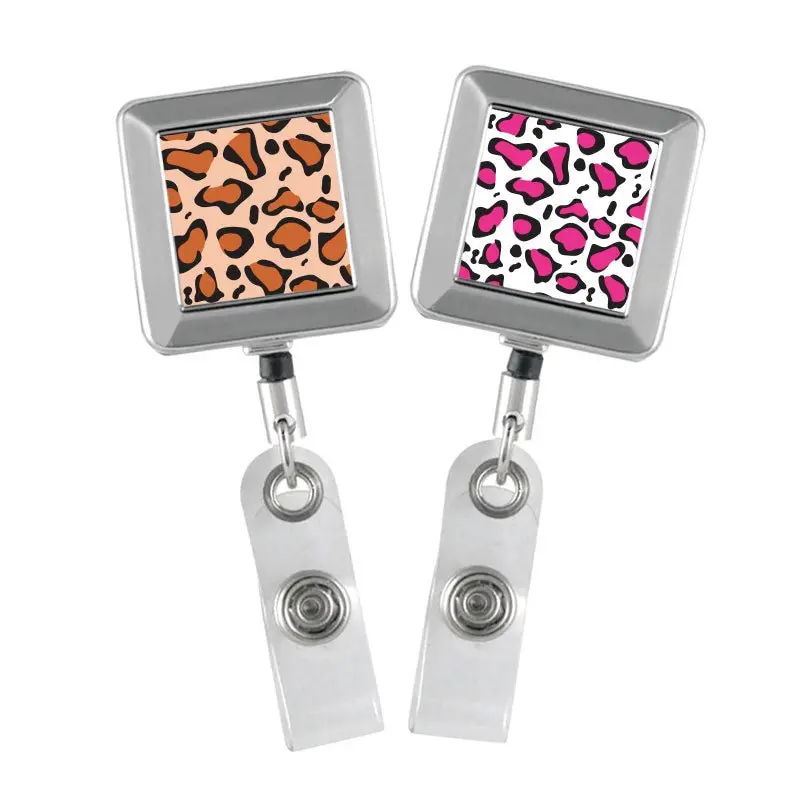 Leopard Print Chrome Square Badge Reel – Retractable ID Holder