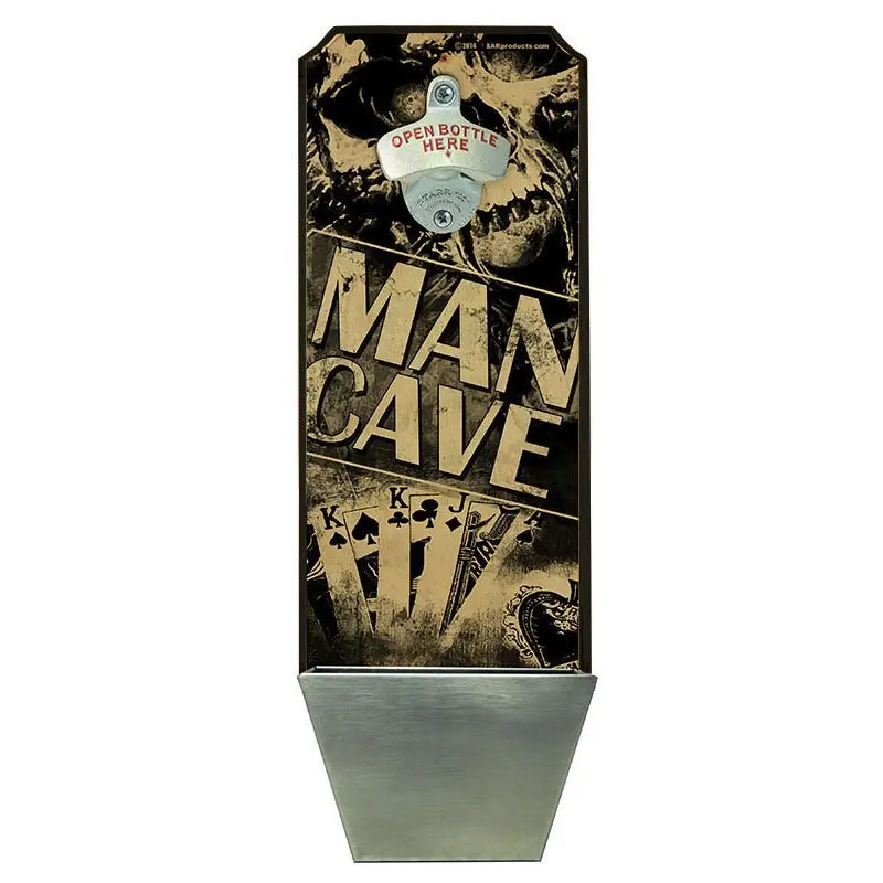 Man Cave Wall Mount Opener – Rustic Wood Plaque with Integrated Cap Catcher