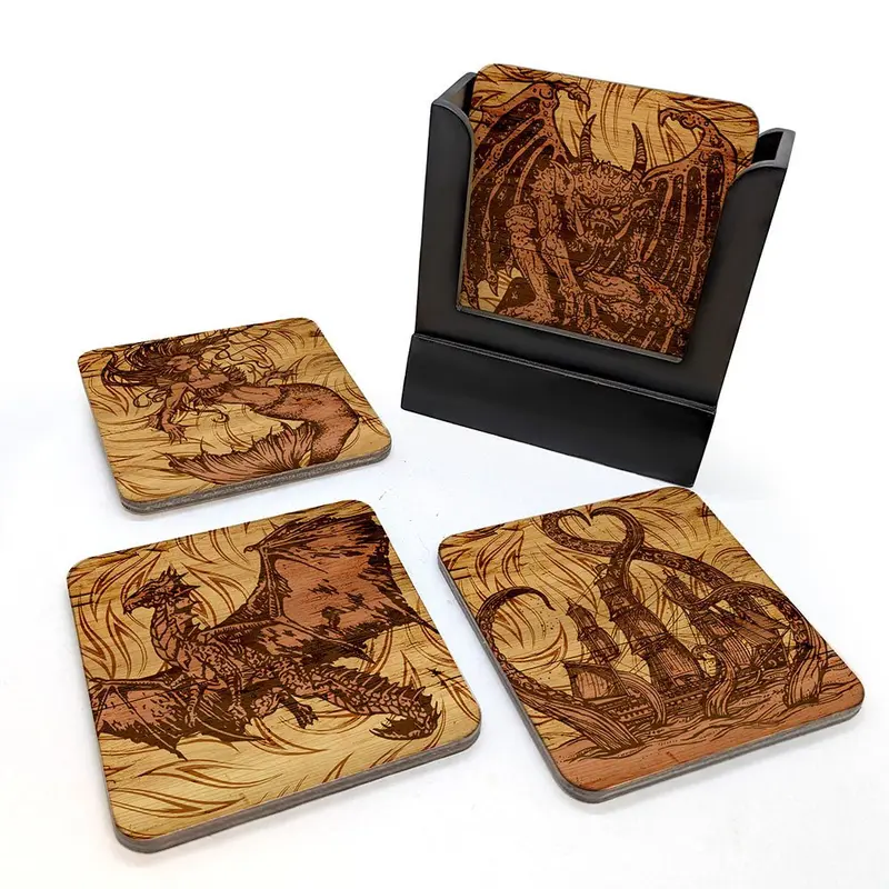 Mythological Creatures Wooden Coasters – Set of 4 with Storage Caddy