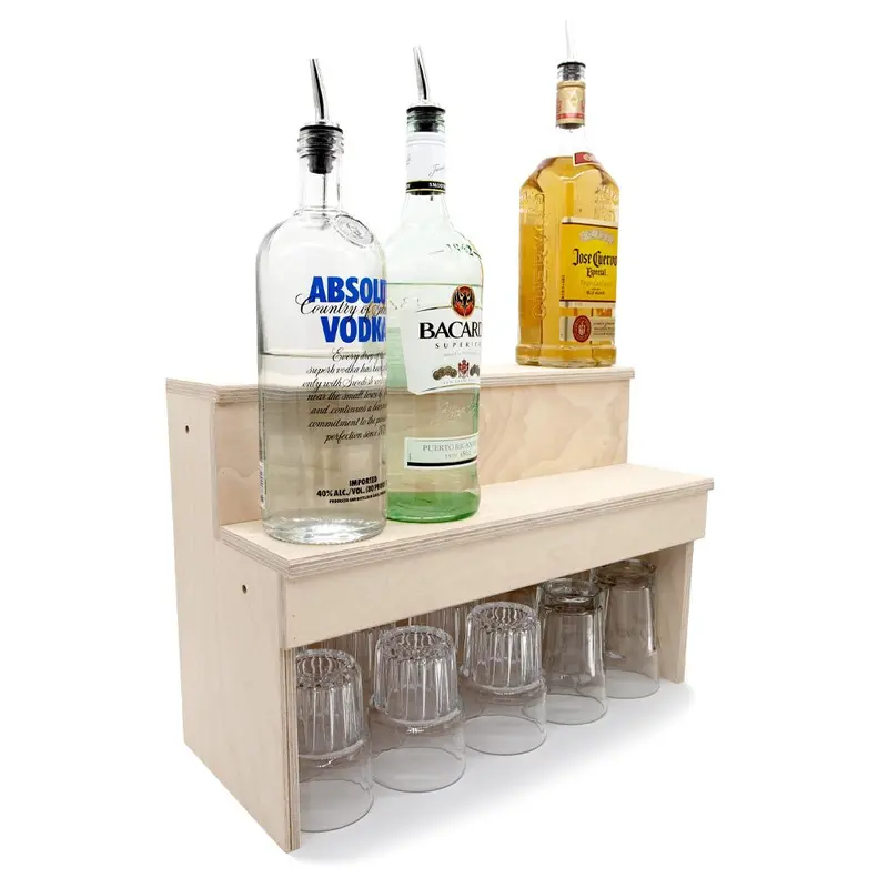 Natural Wood 2-Tier Under-Bar Liquor Storage Shelf – Adjustable Sizes Available