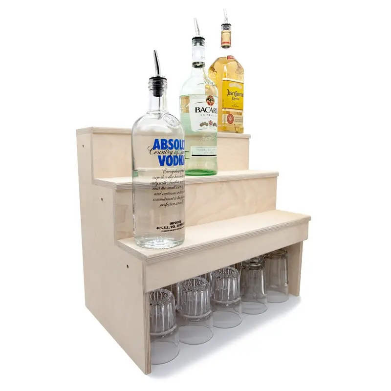 Natural Wood 3-Tier Under-Bar Liquor Storage Shelf – Multiple Size Options