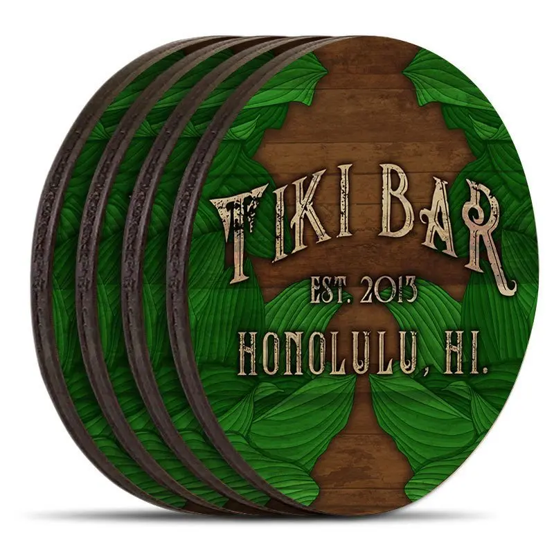 Natural Wood Round Coasters with Tiki Leaf Design – Set of 4