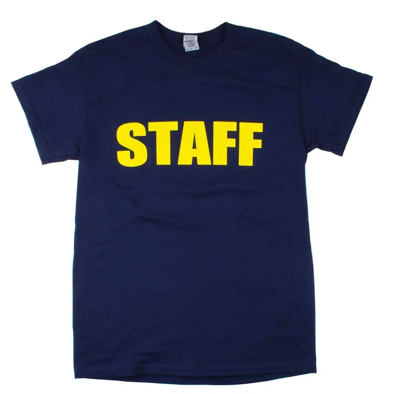 Navy Blue and Yellow Staff T-Shirt with Full-Print Front and Back Design