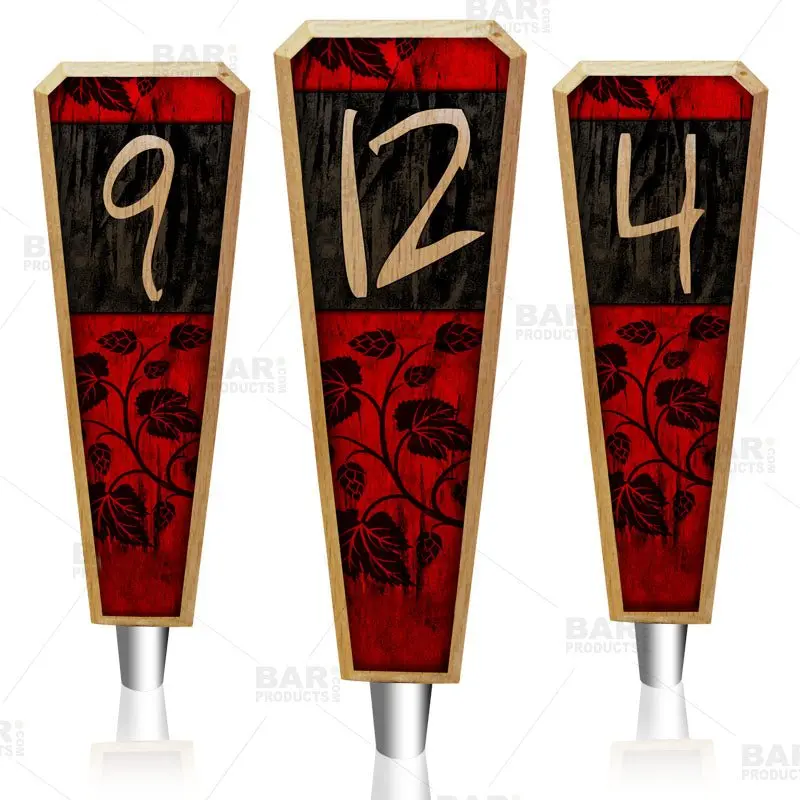 Numbered Oak Beer Tap Handles – Red & Black Grunge Finish for Draft Systems
