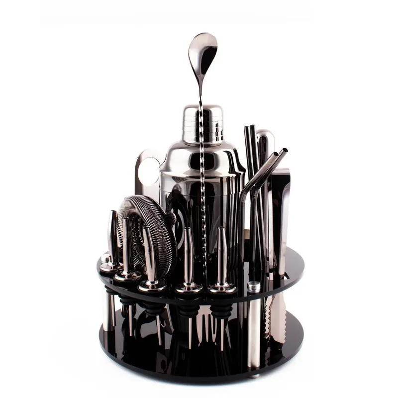 Olea™ Gunmetal Bar Tool Set with Display Stand – 17-Piece Ensemble