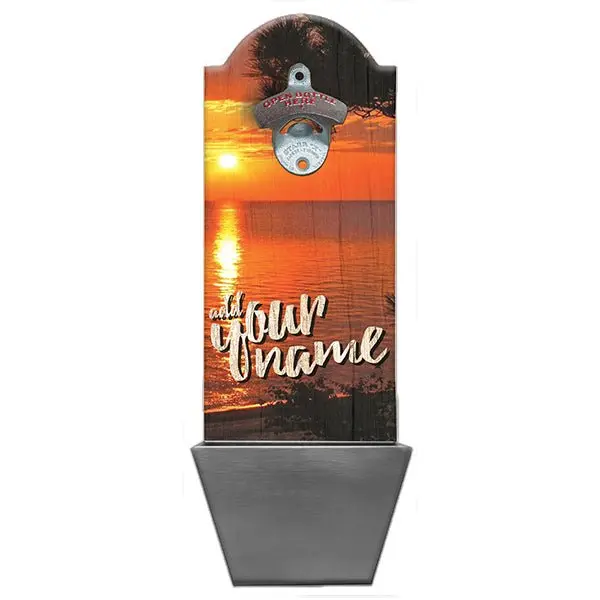 Orange Sunset Themed Wooden Bottle Opener with Cap Catcher