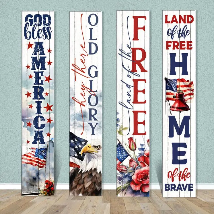 Patriotic Porch Sign – 8″ x 46″ Red, White & Blue Rustic Wood Plaque