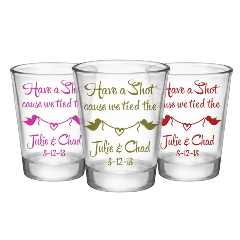 Personalized 1.75 oz Clear Wedding Shot Glass – Bird Knot Design