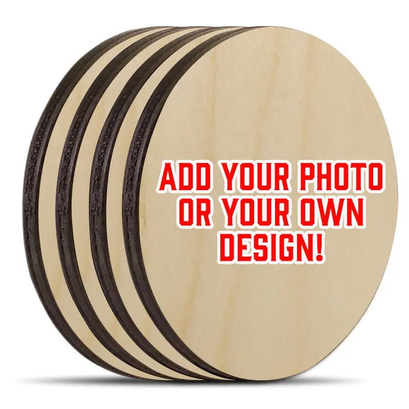 Personalized Round Wooden Coasters – Photo-Upload Design, Set of 4 with Storage Caddy