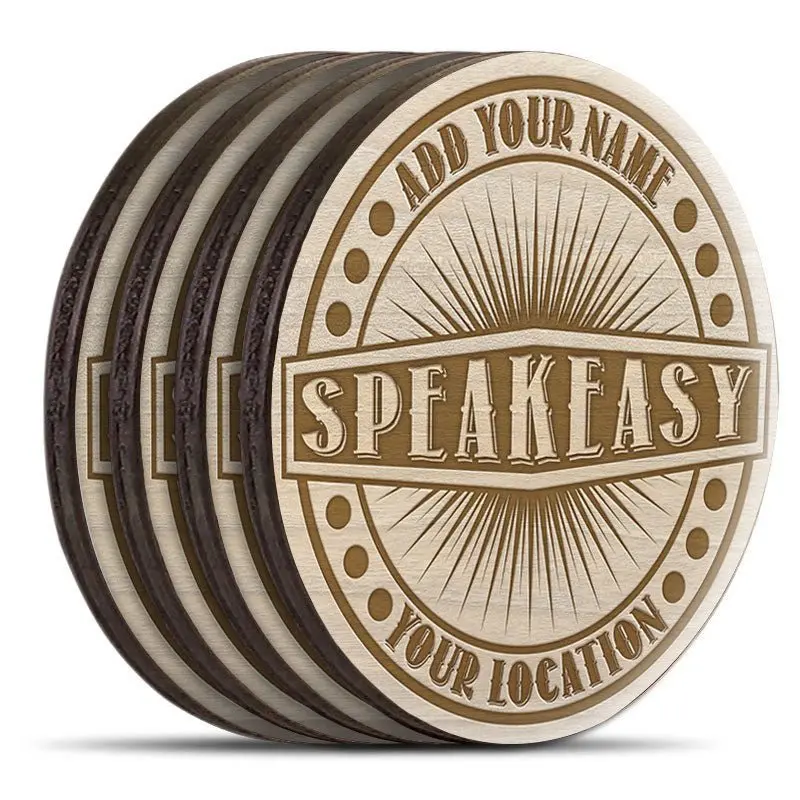 Personalized Speakeasy-Themed Wooden Coasters – Round Set of 4