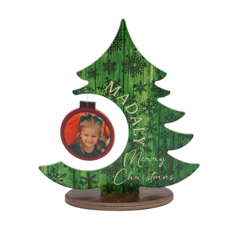 Personalized Standing Wooden Christmas Tree Plaque with Photo Ornament