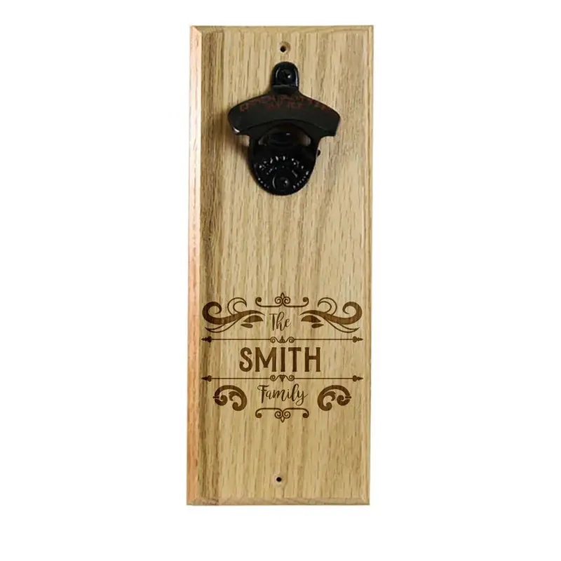 Personalized Wooden Wall Bottle Opener with Magnetic Cap Holder – Family Name Design (Classic Layout)