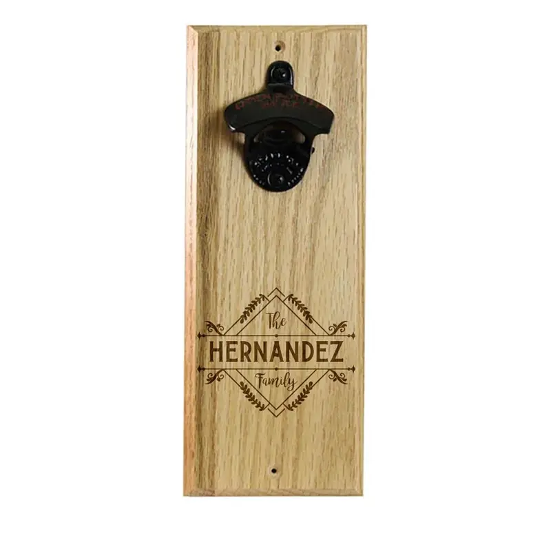 Personalized Wooden Wall Bottle Opener with Magnetic Cap Holder – Family Name with Floral Border