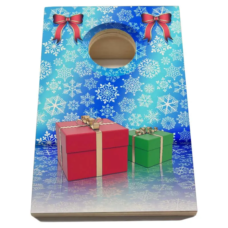 Quarter Master Holiday Cornhole Set Featuring Snowflake and Gift Graphics