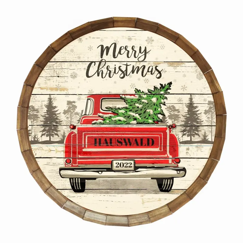 Retro Red Pickup Truck Christmas Barrel-Top Bar Sign