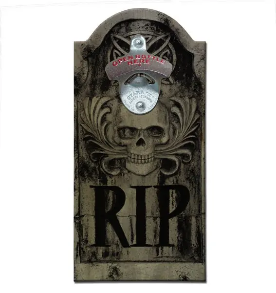 Rustic Gravestone-Themed Wooden Bottle Opener with Magnetic Cap Catcher