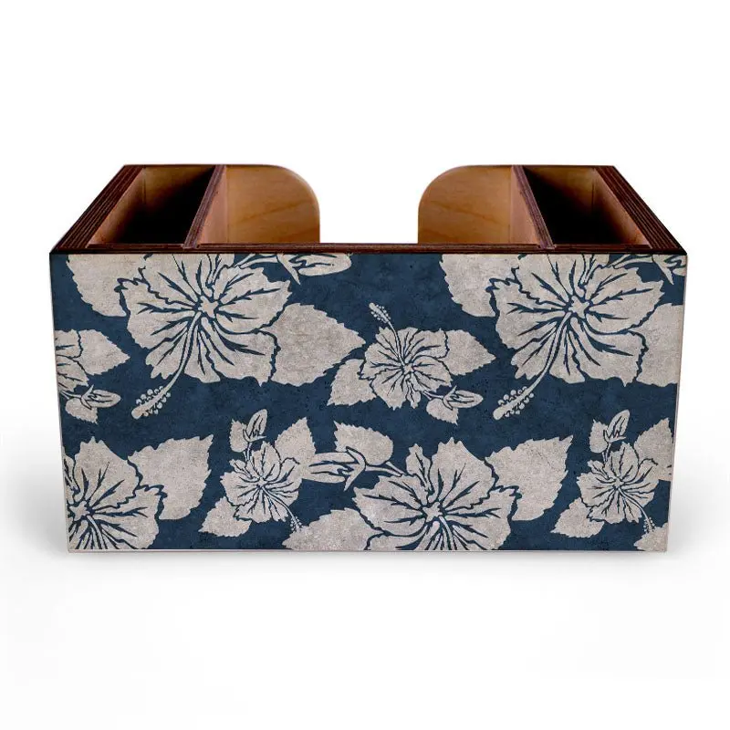 Rustic Hibiscus Wooden Bar Caddy – Deep Blue Stained Finish