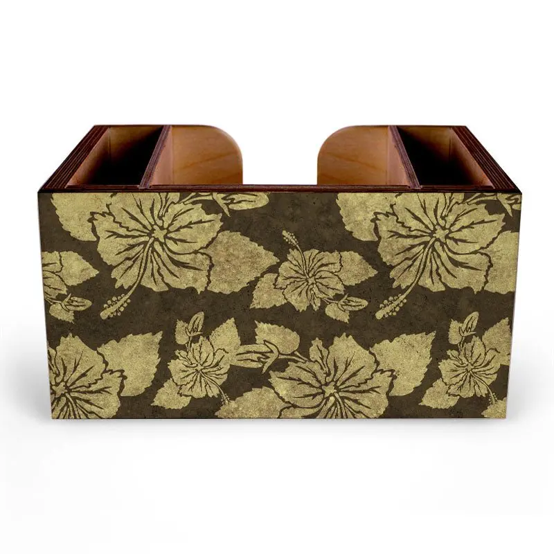 Rustic Hibiscus Wooden Bar Caddy – Earth Tone Stain, Natural Wood Accent