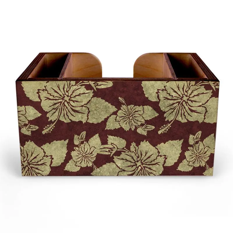 Rustic Hibiscus Wooden Bar Caddy – Maroon Finish with Botanical Carving
