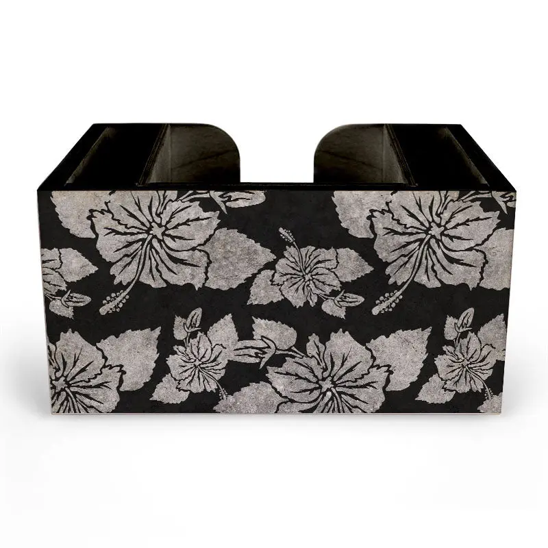 Rustic Hibiscus Wooden Bar Caddy – Matte Black Stain with Floral Detailing