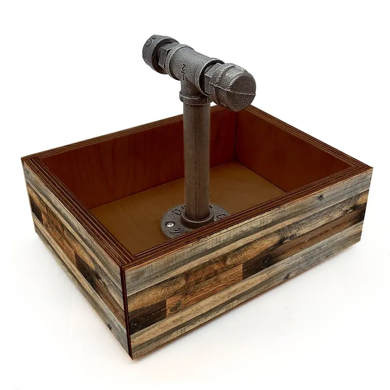 Rustic Wood Plank Box Caddy with Industrial Pipe Handle