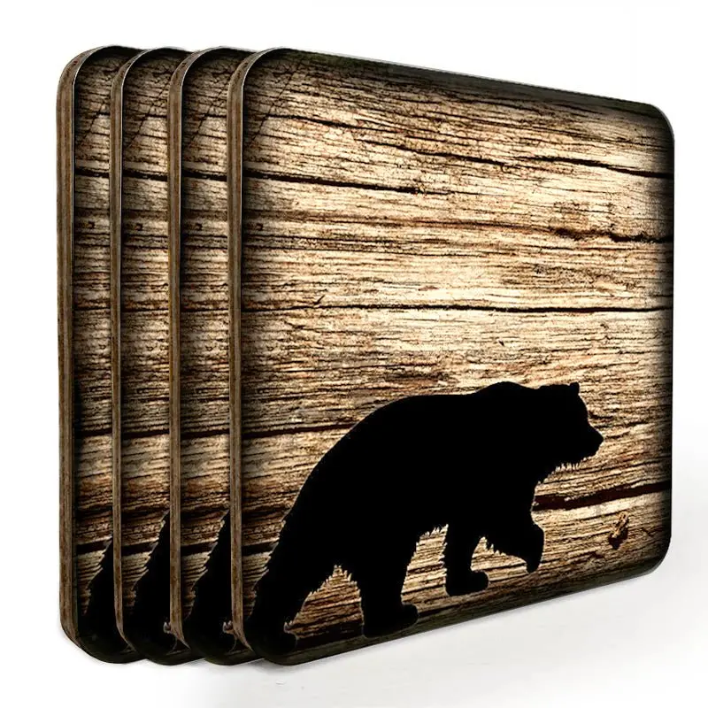 Rustic Wooden Square Coasters – Animal-Themed Set of 4