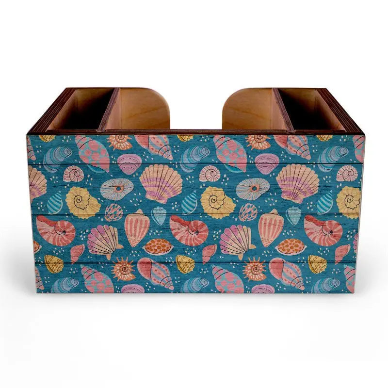 Seashell-Embellished Wooden Bar Caddy for Coastal Bars