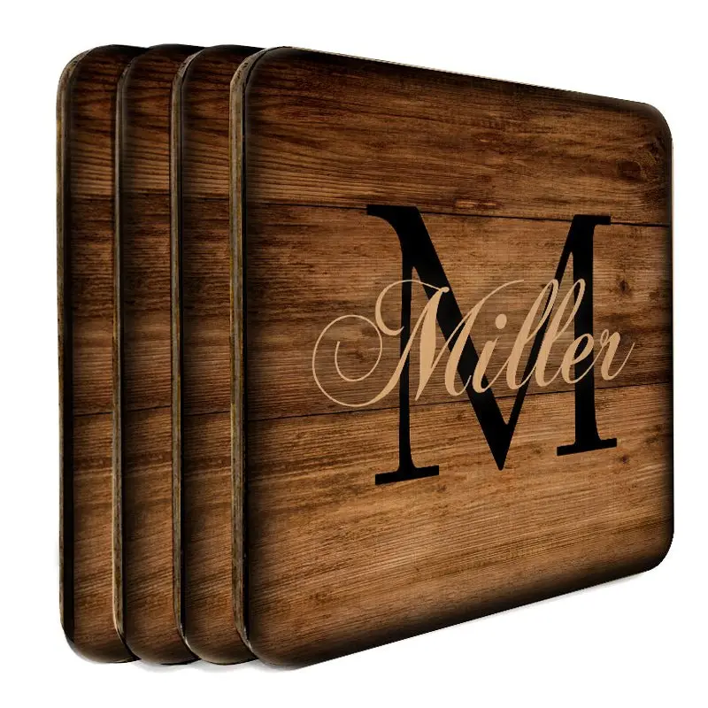 Set of 4 Custom Wooden Square Coasters – Monogrammed or Initial-Engraved