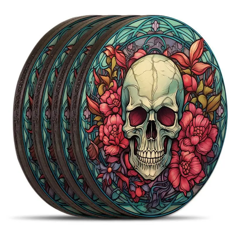 Set of 4 Wooden Round Coasters Featuring Stained Glass Skull Artwork – Includes Matching Wooden Caddy