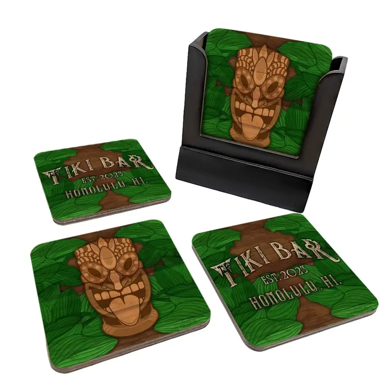 Set of 4 Wooden Square Coasters – Customizable Tiki Leaf Design