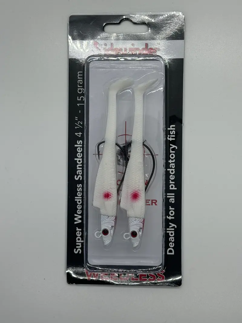 Sidewinder Super Weedless Sandeel – All-White Body with Red Spot, 4.5″ (15g)