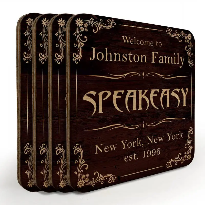 Speakeasy-Style Custom Square Wooden Coasters – Set of 4