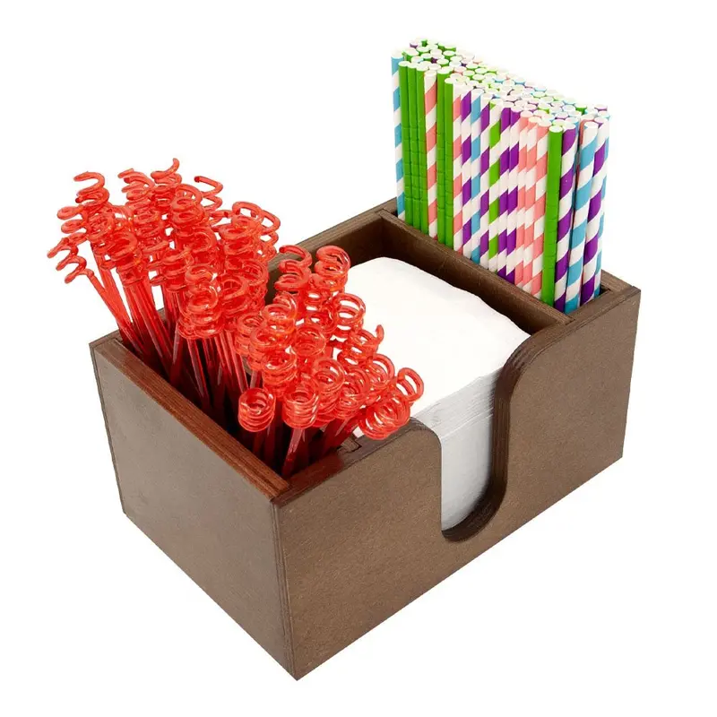 Stained Wooden Bar Caddy – Organize Napkins, Straws & Stirrers