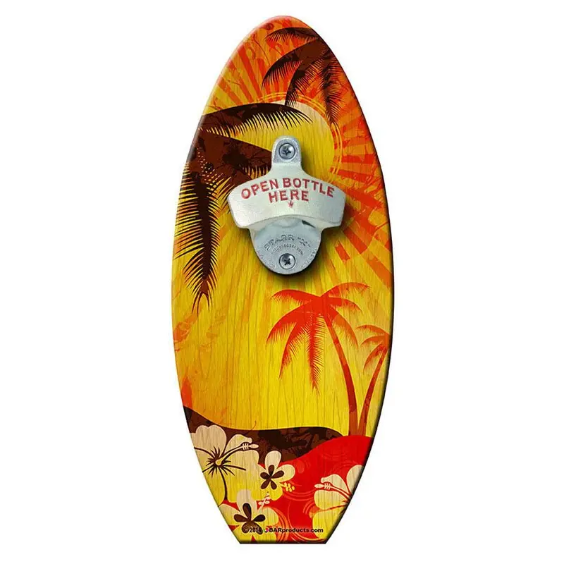 Sunrise Palm Wooden Bottle Opener – Surfboard-Style Wall Mounted Design