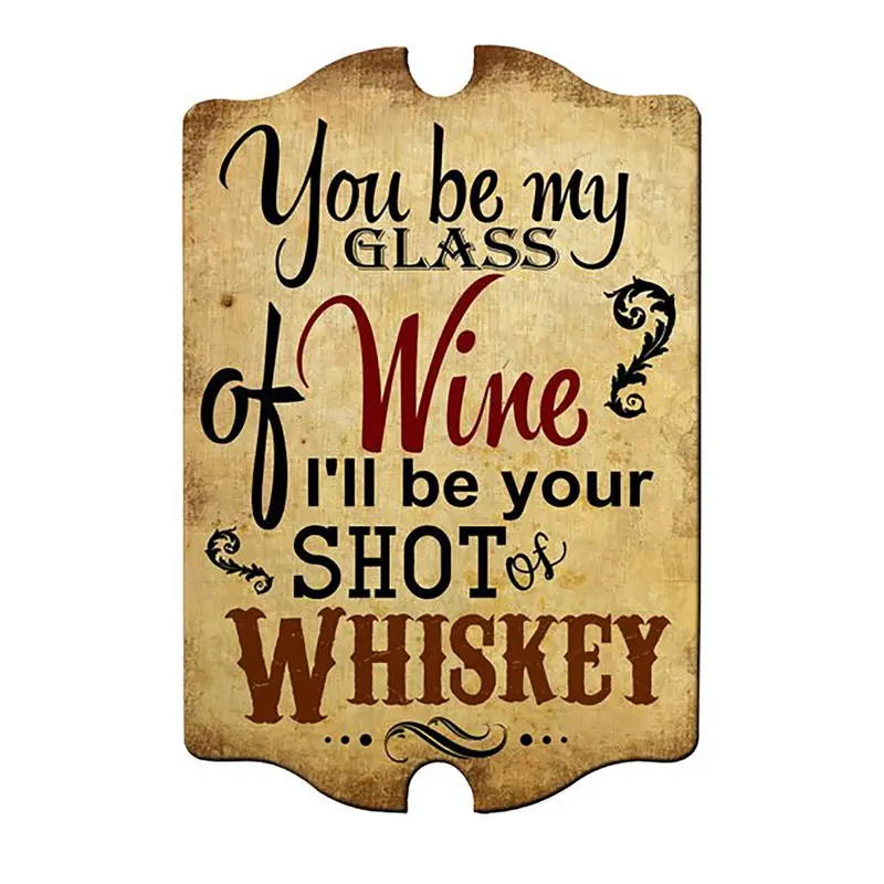 Tavern-Shaped Wooden Bar Sign Featuring Wine Glass and Whiskey Shot