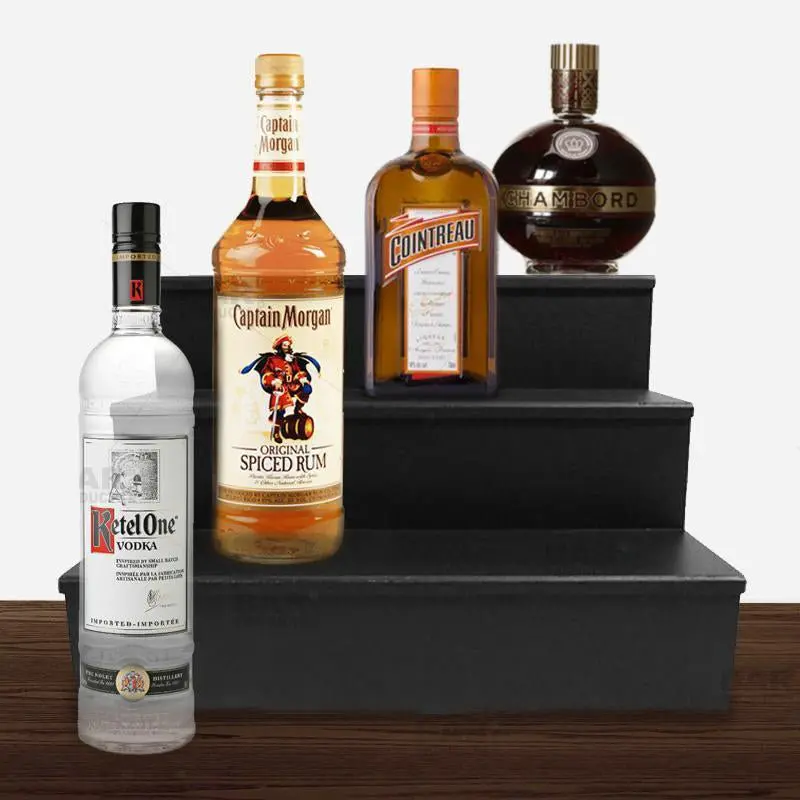 Three-Tier Black Wooden Bottle Shelf – Modern Bar Setup