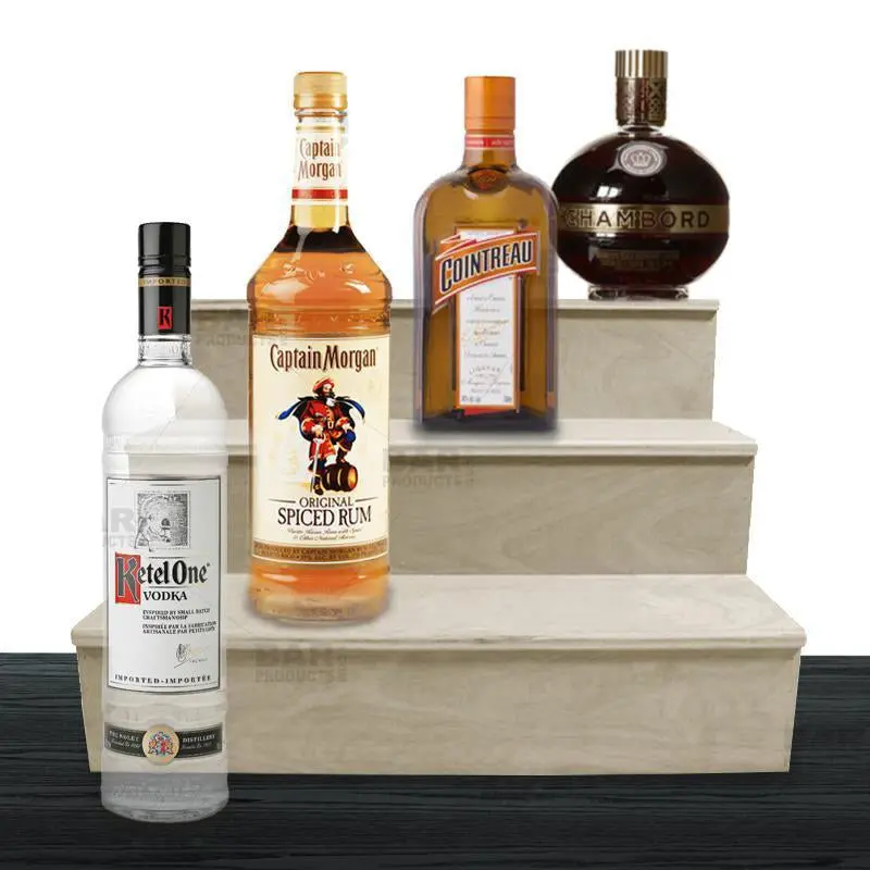 Three-Tier Natural Wood Liquor Shelf – Rustic Bar Display