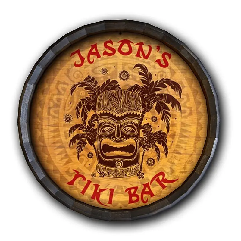 Tiki Bar-Inspired Barrel-Top Wall Sign with Tropical Vibe