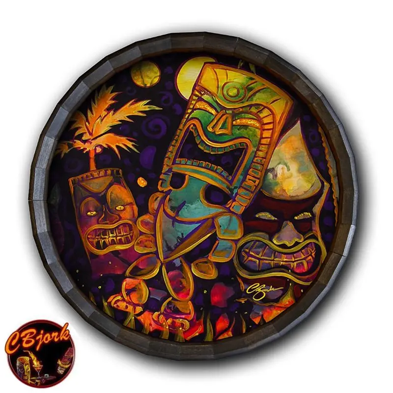 Tiki Fire Night Barrel Top Sign – Artisan Wooden Clock with Dramatic Nighttime Motif