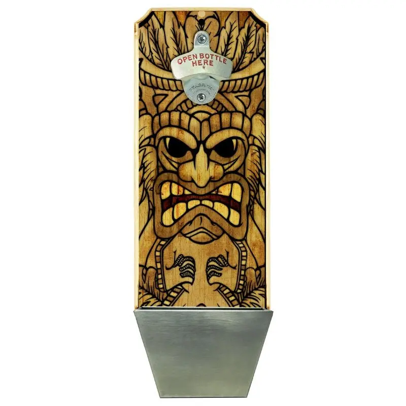 Tiki Man Wall Bottle Opener with Integrated Cap Catcher