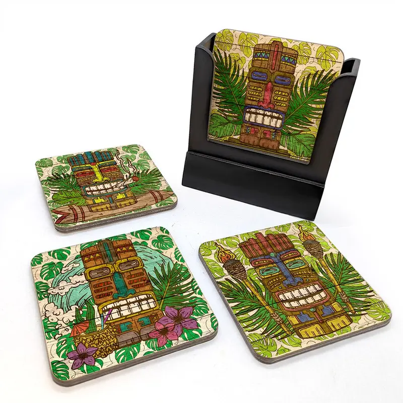 Tiki Man Wooden Coaster Set (4-Piece) with Matching Caddy
