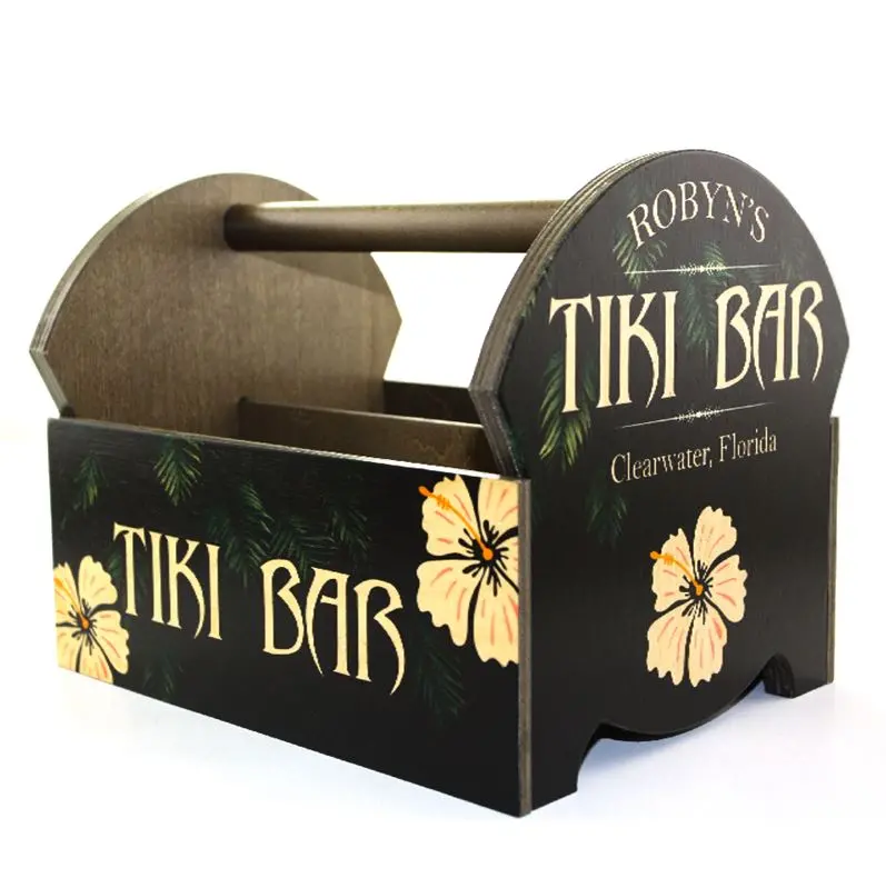 Tiki-Themed Custom Wooden Condiment Caddy – Hand-Finished Wood Stand