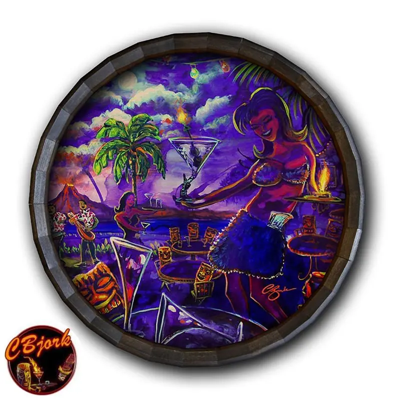 Tiki-Themed Wooden Barrel Top Wall Clock and Decorative Sign