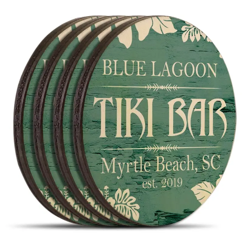 Tiki-Themed Wooden Coasters – Tropical Custom Design – Set of 4