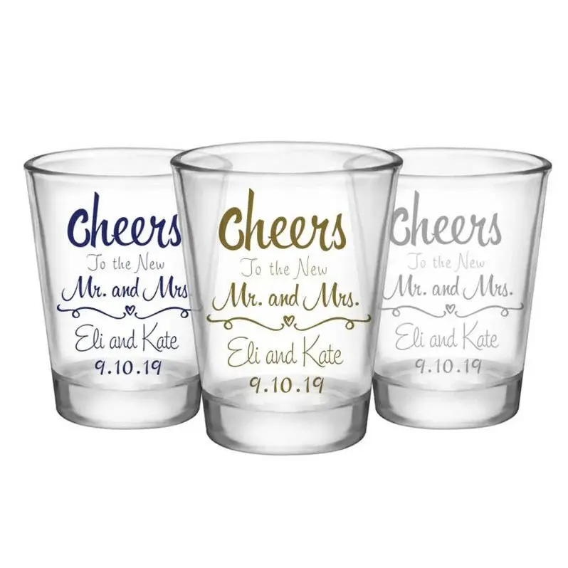 Toasting ‘Cheers’ Wedding Shot Glasses – 1.75 oz Personalized Design (12 pcs)