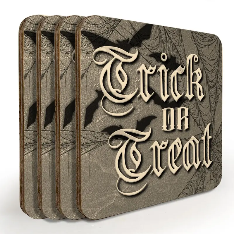Trick-or-Treat Wooden Coaster Set – 4 Pieces with Matching Caddy