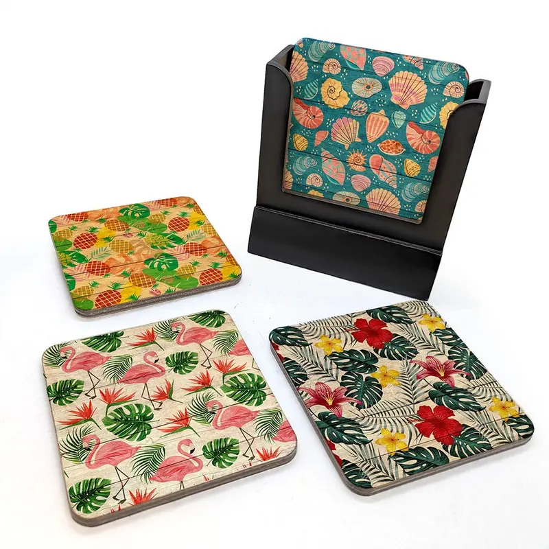 Tropical-Themed Wooden Coasters – Set of 4 with Display Caddy