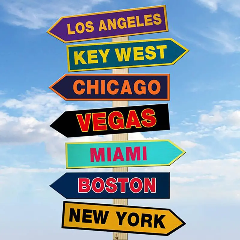 US City-Themed Wooden Directional Arrow Sign